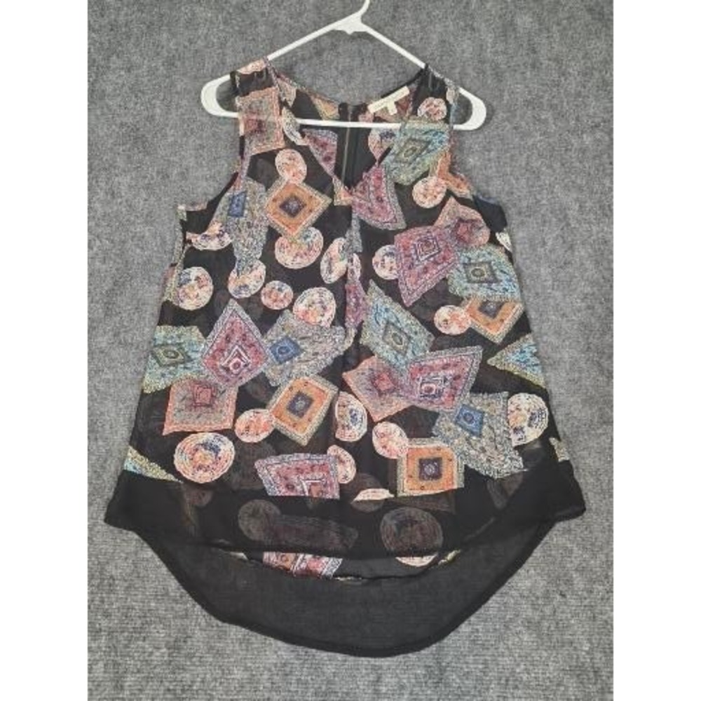 Daniel Rainn Womens Geometric Mosaic Print Sleeveless High Low Blouse Black Sz M